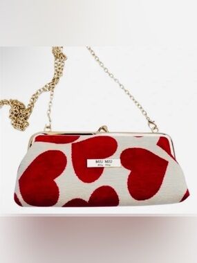 MIU MIU Chenille Red Heart Velvet Frame Clutch with Gold Chain